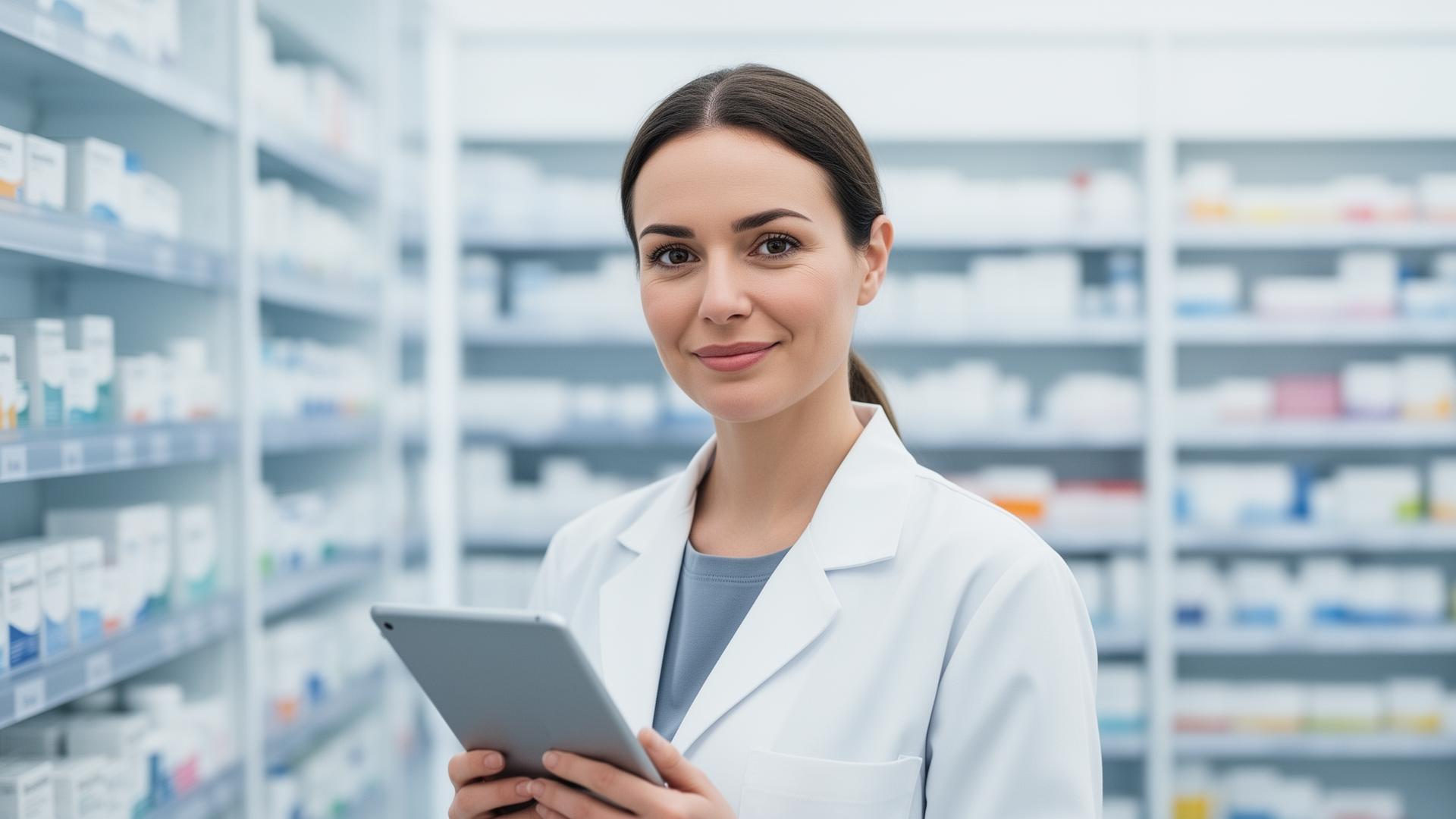 Farmacêutica em ambiente de farmácia moderna segurando um tablet